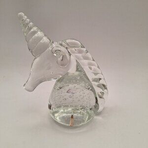 ART GLASS HANDBLOWN UNICORN HEAD PAPERWEIGHT WITH CONTROLLED BUBBLES VTG